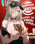 1girl alternate_costume aqua_eyes asuna_(blue_archive) bare_shoulders black_choker black_headwear black_shirt blue_archive blue_eyes blue_halo blue_ribbon blush brand_name_imitation breasts burger burger_king choker cup drinking_straw employee_uniform english_text food food_between_breasts french_fries grin hair_over_one_eye hair_ribbon halo highres large_breasts light_brown_hair logo_parody long_hair looking_at_viewer off_shoulder parody presenting_breasts red_background ribbon shiny_skin shirt short_sleeves simple_background smile solo table teeth uniform upper_body visor_cap zig90 