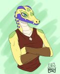 alligator alligatorid anthro blue_eyes clothed clothing crocodilian female green_body hi_res purple_body reptile scalie solo spike_the_furry yellow_body