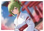  1girl :o blurry blurry_background breasts commentary day depth_of_field english_commentary genshin_impact green_hair hakama highres japanese_clothes kaxukin kimono kuki_shinobu looking_at_viewer parted_lips ponytail purple_eyes red_hakama ribbon-trimmed_sleeves ribbon_trim small_breasts solo torii twitter_username upper_body white_kimono 