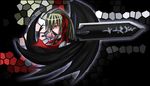  artist_request black_wings blonde_hair ex-rumia hair_ribbon mosaic_background red_eyes red_ribbon ribbon rumia shirt short_hair solo source_request sword touhou weapon white_shirt wings 