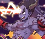  1boy abs belt black_hair claws colored_skin energy_beam grey_horns horns kotorai male_focus martial_arts_belt medium_sideburns mishima_kazuya muscular muscular_male open_mouth pectorals purple_belt purple_skin purple_wings red_eyes scar scar_on_cheek scar_on_chest scar_on_face short_hair signature solo tekken thick_eyebrows third_eye v-shaped_eyebrows wings 