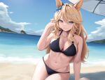  1girl absurdres animal_ears bblue_eyes beach beach_umbrella black-bikini blonde_hair bow breasts cleavage ear_bow gold_city_(umamusume) highres himori_kiko horizon horse_ears horse_girl long_hair looking_at_viewer medium_breasts ocean sitting solo umamusume umbrella 