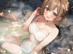  1girl arm_up bathing blurry breasts brown_eyes brown_hair cleavage collarbone depth_of_field hair_between_eyes highres long_hair looking_at_viewer medium_breasts naked_towel night non-web_source onsen open_mouth original rock shiitake_taishi sitting smile solo steam teeth towel upper_teeth_only water wet 