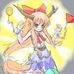  artist_request ball bare_shoulders blue_skirt bow bowtie brown_eyes chain clenched_hands cuffs hair_bow horns ibuki_suika long_hair looking_at_viewer low-tied_long_hair oni red_bow red_neckwear serious shackles shirt skirt solo standing touhou white_shirt wrist_cuffs 