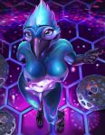 anthro avian bird blue_jay breasts catpumpkin clothing corvid disco feathers female footwear hi_res high_heels jay_(bird) new_world_jay nipples nsfw_version nude oscine party passerine pink_light solo viewed_from_above