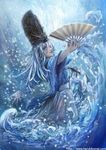  blue_eyes blue_hair fan folding_fan komai_haruki original solo water waves 