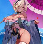  1girl absurdres bare_shoulders blonde_hair blue_kimono breasts breasts_out dark-skinned_female dark_skin highres japanese_clothes kimono large_areolae large_breasts long_hair long_sleeves looking_at_viewer navel nipples obi off_shoulder open_mouth original sash short_hair short_kimono smile solo tan tomo0843 wide_sleeves yellow_eyes 
