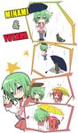  4koma blue_eyes blush bow cat comic flat_chest green_hair heart iwasaki_minami ixy kobayakawa_yutaka lucky_star multiple_girls pantyhose rain red_hair ribbon ryouou_school_uniform school_uniform serafuku silent_comic twintails umbrella waving 