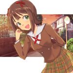  1girl :d adjusting_hair amami_haruka arm_behind_back blazer blunt_bangs breasts brown_hair brown_jacket brown_skirt bush buttons cloud cowboy_shot double-breasted eyelashes flipped_hair green_eyes highres house idolmaster idolmaster_(classic) idolmaster_million_live! idolmaster_million_live!_theater_days jacket kibitakibi lamppost leaning_forward letterboxed long_sleeves medium_breasts medium_hair open_mouth orange_skirt outside_border plaid plaid_skirt pleated_skirt road school_uniform sidelocks skirt smile solo street tree twilight 