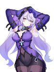  1girl armpits arms_up black_shorts black_swan_(honkai:_star_rail) breasts cleavage commentary_request covered_navel cowboy_shot dress elbow_gloves gloves head_tilt highres honkai:_star_rail honkai_(series) large_breasts long_hair looking_at_viewer mini2chainz purple_dress purple_gloves purple_hair short_shorts shorts smile solo standing veil very_long_hair yellow_eyes 