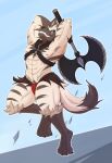 absurd_res action_pose anthro axe bottomwear clothing hi_res hyena loincloth male mammal marrow_(temptations_ballad) pose shirokoi simple_background smile solo striped_hyena temptations_ballad_(visual_novel) weapon