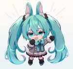  1girl :d animal_ear_fluff animal_ears black_footwear black_mittens black_skirt blue_bow blue_eyes blue_hair blush boots bow buttons chibi emphasis_lines fur-trimmed_jacket fur_trim grey_jacket hair_between_eyes hands_up hatsune_miku highres jacket legs_apart long_hair looking_at_viewer mittens naguno-0713 open_mouth outstretched_arm rabbit_ears rabbit_girl sidelocks simple_background skirt smile solo straight-on twintails very_long_hair vocaloid white_background 