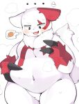 anthro biped blush bodily_fluids fur generation_3_pokemon male navel nintendo pokemon pokemon_(species) red_body red_fur rokacake simple_background slightly_chubby solo spiral_eyes sweat thought_bubble white_background white_body white_fur zangoose