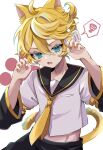  1boy :o ahoge animal_ears black_pants black_sailor_collar black_sleeves blonde_hair blue_eyes blush cat_boy cat_ears cat_tail claw_pose detached_sleeves fang hair_between_eyes highres kagamine_len kemonomimi_mode long_sleeves looking_at_viewer male_focus messy_hair midriff naguno-0713 nail_polish neckerchief open_mouth pants paw_print sailor_collar school_uniform serafuku shirt short_hair sidelocks simple_background skin_fang solo spoken_squiggle squiggle tail vocaloid white_background white_shirt yellow_nails yellow_neckerchief 