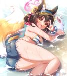  1girl animal_ear_fluff animal_ears bikini black_hair blue_archive blue_shorts blush breasts denim denim_shorts eyeshadow fang feet_out_of_frame fingernails fox_ears fox_shadow_puppet hair_between_eyes halo highres izuna_(blue_archive) izuna_(swimsuit)_(blue_archive) kneepits looking_at_viewer makeup medium_breasts official_alternate_costume open_mouth pink_eyeshadow pink_halo short_hair shorts signature smile solo striped_bikini striped_clothes swimsuit wet yellow_eyes yufukiri 