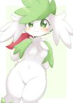 anthro anthrofied blush breasts chest_tuft elemental_creature featureless_breasts featureless_crotch female flora_fauna fluffy fluffy_ears generation_4_pokemon green_eyes green_hair hair hand_on_chest hi_res kemono kuzuyu legendary_pokemon nintendo nude plant pokemon pokemon_(species) pokemorph shaymin sky_forme_shaymin small_breasts solo tuft white_body wide_hips