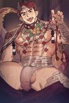  1boy abs ass_visible_through_thighs bara beard_stubble bulge chinese_zodiac chinstrap_beard come_hither cup dragon_boy dragon_boy_(usa) dragon_horns dragon_tail drooling erection erection_under_clothes fang fundoshi fur-tipped_tail half-erect head_tilt highres horns japanese_clothes large_pectorals looking_at_viewer male_focus male_underwear monster_boy mouth_drool multicolored_hair muscular muscular_male mustache_stubble new_year nipples original pectorals red_hair sakazuki scar scar_on_cheek scar_on_face scar_on_forehead scar_on_nose seductive_smile see-through shikigami short_hair skin_fang smile solo streaked_hair tail testicle_peek thick_eyebrows thick_thighs thighs underwear wet wet_clothes wet_fundoshi wet_male_underwear year_of_the_dragon yusa_(usa_kotobuki) 
