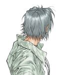  1boy collared_shirt commentary from_behind from_side gokudera_hayato grey_hair jewelry katekyo_hitman_reborn! male_focus nape necklace school_uniform shirt short_hair simple_background solo umkaqryi upper_body white_background 