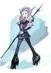  ass black_bodysuit black_legwear bodysuit flower full_moon gloves hand_on_hip heterochromia high_heels holding holding_weapon lance long_hair looking_at_viewer looking_back maid_headdress moon okama original pale_skin pink_eyes polearm rose silver_hair skin_tight smile solo standing weapon 