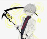  1boy benjamin_(project_moon) black_pants coat glasses green_eyes highres holding holding_scythe library_of_ruina lobotomy_corporation long_sleeves looking_at_viewer meijiichigo necktie pants project_moon red_necktie scythe solo the_price_of_silence white_coat white_hair wing_collar 