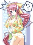  1girl ? amatsue_hikari antenna_hair areola_slip areolae ass blue_eyes blush bottomless breasts covered_nipples cup dyogrammaton embarrassed from_behind hair_ribbon large_breasts long_hair looking_back mug no_bra open_clothes open_shirt pajamas pink_hair polka_dot ponytail print_pajamas ribbon shinozuka_atsuto shirt solo standing star star_print surprised sweatdrop toothbrush very_long_hair 