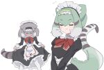  2girls apron bow bowtie chinese_water_dragon_(kemono_friends) closed_eyes dress frilled_lizard_(ex)_(kemono_friends) green_hair grey_hair highres kemono_friends kunikuni_(kunihiro2005) lizard_tail looking_at_viewer maid maid_apron maid_headdress multiple_girls pantyhose short_hair simple_background skirt tail 