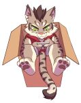  1boy :3 animal_feet animal_hands box cardboard_box cellphone curb-chain furry furry_male green_eyes highres holding holding_phone nekojishi pawpads phone playing_games shu_chi_(nekojishi) smartphone tiger_boy 