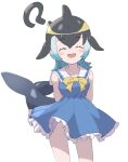  1girl black_hair blue_dress blue_hair bow bowtie cetacean_tail common_dolphin_(kemono_friends) dolphin_girl dress fins fish_tail head_fins highres kemono_friends kunikuni_(kunihiro2005) long_hair looking_at_viewer multicolored_hair sailor_collar sailor_dress simple_background skirt smile solo tail two-tone_hair yellow_bow yellow_bowtie 