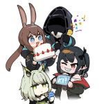  1other 3girls absurdres amiya_(arknights) animal_ears arknights black_hair blue_eyes brown_hair cake cat_ears cat_girl character_request confetti doctor_(arknights) food green_eyes highres ingsae kal&#039;tsit_(arknights) multiple_girls one_eye_closed open_mouth pointy_ears rabbit_girl simple_background smile vampire white_background 