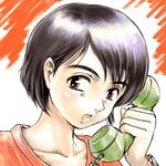  artist_request black_hair copyright_request payphone phone red_eyes short_hair solo 