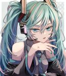  1girl between_breasts black_sleeves blue_eyes blue_hair blue_nails blue_necktie border breasts collared_shirt detached_sleeves frilled_shirt frills grey_background grey_shirt hair_between_eyes hair_intakes hand_up hatsune_miku head_rest headset highres large_breasts long_sleeves looking_at_viewer microphone naguno-0713 nail_polish necktie necktie_between_breasts number_tattoo open_mouth outside_border shirt sidelocks signature simple_background sleeveless sleeveless_shirt solo tattoo tie_clip twintails vocaloid white_border 