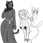 1:1 2024 absurd_res anthro big_breasts black_and_white bodily_fluids breasts butt callmewritefag clothed clothing cum cum_on_face digital_drawing_(artwork) digital_media_(artwork) domestic_cat duo english_text fan_character felid feline felis female fur genital_fluids hair hanna-barbera headgear headwear hi_res hijab huge_breasts looking_at_viewer mammal mature_anthro mature_female monochrome nipple_tape open_mouth pasties qatah_el-saghirah_(callmewritefag) religious_clothing religious_headwear screentone simple_background sketch smile solo swat_kats tail tape text tongue unnamed_character