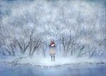  aila_jyrkiainen bare_tree blank_eyes covered_mouth forest hiko_(scape) holding looking_at_viewer nature original poncho puffy_pants red_eyes river short_hair snow snowball solo tree water winter 