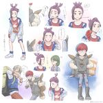  2boys 2girls arm_support arrow_(symbol) arven_(pokemon) blue_socks boots clenched_teeth closed_eyes closed_mouth collarbone commentary_request couch cushion flower_(symbol) gloves highres holding holding_poke_ball hood hoodie jacket kieran_(pokemon) multicolored_hair multiple_boys multiple_girls numa_guratan pantyhose partially_fingerless_gloves penny_(pokemon) poke_ball poke_ball_(basic) pokemon pokemon_sv purple_hair red_gloves red_shirt see-through see-through_skirt shirt shoes shorts single_glove sitting skirt sleeveless sleeveless_shirt socks speech_bubble tank_top teeth translation_request two-tone_hair yellow_eyes 
