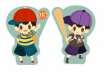  1boy arm_up backpack bag baseball_bat baseball_cap black_shirt blue_shorts blush_stickers brown_bag character_print doseisan full_body grey_bag hat hitofutarai holding holding_baseball_bat male_focus mother_(game) mother_2 ness_(mother_2) open_mouth purple_headwear red_headwear shirt short_hair shorts sideways_hat smile solid_oval_eyes speech_bubble striped_clothes striped_shirt super_smash_bros. v variations white_background 