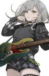  1girl argyle argyle_shorts argyle_sweater belt black_choker black_shorts black_sweater braid breasts chain_belt choker closed_mouth cowboy_shot electric_guitar green_eyes grey_hair guitar hair_ornament hairpin hand_up highres hinomori_shiho holding holding_instrument instrument inu_totemo legs_apart long_hair long_sleeves looking_at_viewer loose_belt medium_breasts parted_bangs parted_lips project_sekai shorts simple_background solo sweater teeth thick_thighs thighs v-neck white_background 