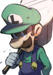 1boy blue_overalls brown_hair facial_hair gloves green_headwear green_shirt hammer hand_in_pocket hat highres holding holding_hammer looking_at_viewer luigi mari_luijiroh mario_&amp;_luigi_rpg mario_(series) masanori_sato_(style) mustache over_shoulder overalls shirt short_hair simple_background solo upper_body weapon weapon_over_shoulder white_background white_gloves 