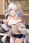 1girl :d ahoge alternate_breast_size alternate_costume bare_shoulders black_shorts blue_eyes blue_hair blush bottle breasts cameo camisole character_print cleavage coffee coffee_maker coffee_mug collarbone commentary commentary_request contemporary cowboy_shot cowlick crop_top cup dasha dolphin_shorts drop-shaped_pupils fang furina_(genshin_impact) genshin_impact heterochromia highres holding holding_cup indoors light_blue_hair long_hair looking_at_viewer mask mask_pull medium_breasts midriff mismatched_pupils mouth_mask mug multicolored_hair navel neuvillette_(genshin_impact) open_mouth ponytail short_shorts shorts skin_fang smile solo spaghetti_strap stomach strap_slip thighs twintails underwear v white_hair 