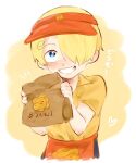  1boy aged_down apron bag blonde_hair blue_eyes blush collared_shirt commentary curly_eyebrows hat heart holding kurimaron one_eye_covered one_piece paper_bag red_apron red_headwear sanji_(one_piece) shirt simple_background smile translated two-tone_background upper_body visor_cap waist_apron white_background yellow_background yellow_shirt 