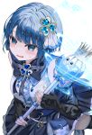  1girl absurdres bare_shoulders black_bow black_bowtie blue_eyes blue_hair blue_nails bow bowtie breasts crown fingerless_gloves gloves hair_ornament highres holding holding_scepter kiritani_haruka neu_33 project_sekai scepter simple_background solo sweatdrop 