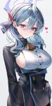  1girl absurdres ako_(blue_archive) bell black_gloves black_hairband black_jacket black_skirt blue_archive blue_eyes blue_hair blue_halo blush breasts buttons closed_mouth cowboy_shot gloves grey_background hair_between_eyes hairband halo heart highres jacket kabi_(zcwd8845) large_breasts long_sleeves neck_bell shirt short_hair sideboob simple_background skirt smile solo white_shirt 