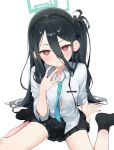  &lt;key&gt;_(blue_archive) 1girl absurdly_long_hair absurdres black_hair black_hairband black_skirt black_socks blue_archive blue_necktie blush collared_shirt fingernails green_halo hairband halo highres long_hair long_sleeves looking_at_viewer necktie one_side_up open_mouth pleated_skirt red_eyes ringed_eyes shirt simple_background skirt socks solo syhan very_long_hair white_background white_shirt 