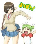  ayase_fuuka brown_eyes brown_hair eyebrows green_hair kazunari koiwai_yotsuba lowres multiple_girls oekaki plaid plaid_skirt raglan_sleeves school_uniform short_hair skirt skirt_flip sweater thick_eyebrows yotsubato! 