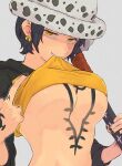  1girl black_hair breasts chest_tattoo clothes_pull earrings genderswap genderswap_(mtf) goa_89 hat highres hood hoodie jewelry looking_at_viewer mouth_pull one_piece shirt_pull short_hair sword tattoo trafalgar_law weapon yellow_eyes 