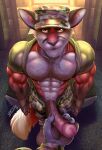 abs anthro biceps canid canine clothing dog_tags duo first_person_view fox fur genitals hat headgear headwear hi_res looking_at_viewer male mammal military_uniform muscular muscular_anthro muscular_male navel orange_eyes pawpads pecs penis uniform vein veiny_penis wintech3112
