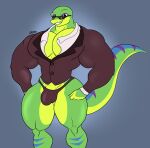 anthro barazoku biceps big_muscles big_pecs black_clothing black_eyes black_tie_(suit) black_underwear bulge clothed clothing eyewear gecko gex_(series) gex_the_gecko glasses green_body grin hi_res lizard male markings multicolored_body muscular muscular_anthro muscular_legs muscular_male narrowed_eyes pantsless pecs playstation quads ratchetjak reptile scales scalie smile smug solo sony_corporation sony_interactive_entertainment striped_markings striped_tail stripes suit sunglasses tail tail_markings thick_tail thick_thighs thong underwear yellow_body