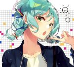  1girl :o alternate_hairstyle aqua_hair bang_dream! bangs blue_jacket braid collarbone commentary_request green_eyes grid_background hair_ornament hairpin hikawa_hina jacket long_sleeves looking_at_viewer open_mouth pointing pointing_at_self shi_noyuki short_hair solo star twin_braids twitter_username upper_body 