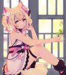 1girl animal_ear_fluff animal_ears belt black_sash blonde_hair blue_eyes dog_ears dog_girl flower hair_flower hair_ornament highres hololive hololive_english japanese_clothes kimono looking_at_viewer mococo_abyssgard mococo_abyssgard_(new_year) multicolored_hair naekam obi official_alternate_costume pink_belt pink_hair pink_kimono sash short_hair short_kimono sleeveless sleeveless_kimono streaked_hair twintails virtual_youtuber 