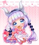  1girl artist_name black_bow black_hairband blue_eyes blueberry blunt_bangs blush bow buttons capelet chewing chibi closed_mouth collar collared_capelet colored_eyelashes commentary commission crumbs dessert dotted_line dragon_horns dress eating english_commentary food food_request frilled_capelet frilled_dress frilled_sleeves frills fruit fur_collar gradient_background hair_bobbles hair_bow hair_ornament hairband heart high_heels highres holding holding_food horns jacket kanna_kamui kobayashi-san_chi_no_maidragon leg_ribbon long_hair long_sleeves looking_at_viewer low_twintails macaron multiple_horns nyahallo_(rambonyankitty) pantyhose pink_background pink_bow pink_jacket pink_sleeves polka_dot polka_dot_background pumps purple_hair red_footwear red_ribbon ribbon shadow short_dress simple_background sitting smile solo strawberry strawberry_slice twintails very_long_hair whipped_cream white_capelet white_collar white_dress white_horns white_pantyhose 