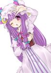  ;d arm_up blush book bow crescent dress dutch_angle frills hat holding holding_book jyako long_hair long_sleeves looking_at_viewer mob_cap one_eye_closed open_mouth patchouli_knowledge pink_bow pink_dress pink_eyes purple_hair smile solo touhou upper_body very_long_hair 
